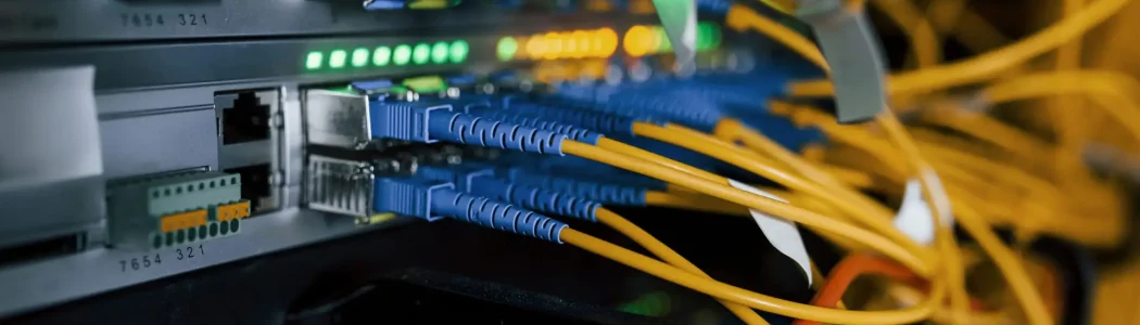 Close up view of internet equipment and cables in the server room Close up view of internet equipment and cables in the server room.